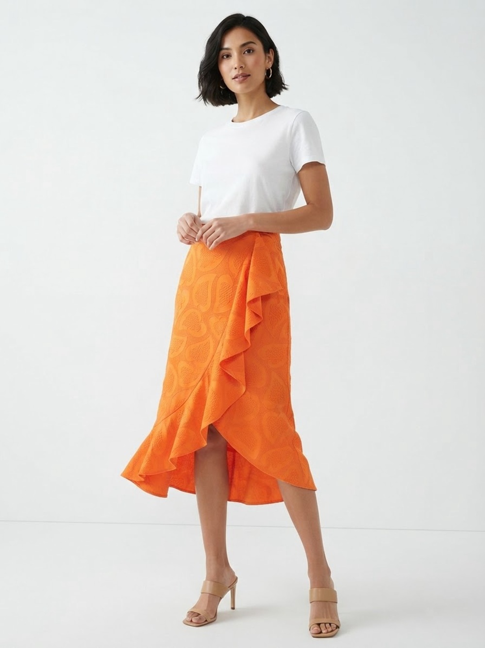 Maeve Anthropologie Orange Textured Leaf Jacquard Ruffle Midi Skirt Size 8